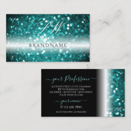 Glamour Black Aquamarin Sparkling Glitzer Initials Visitenkarte