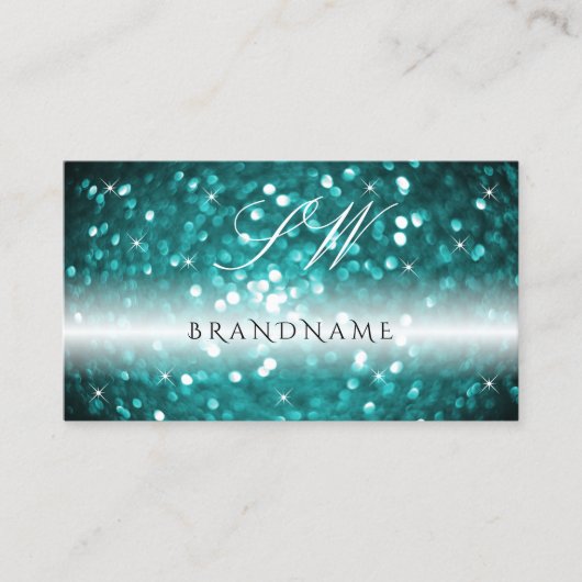 Glamour Black Aquamarin Sparkling Glitzer Initials Visitenkarte (Vorderseite)