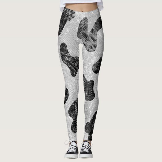 Glamour Black Funkelnd Glitzer Sequins Kuh Printin Leggings (Vorderseite)