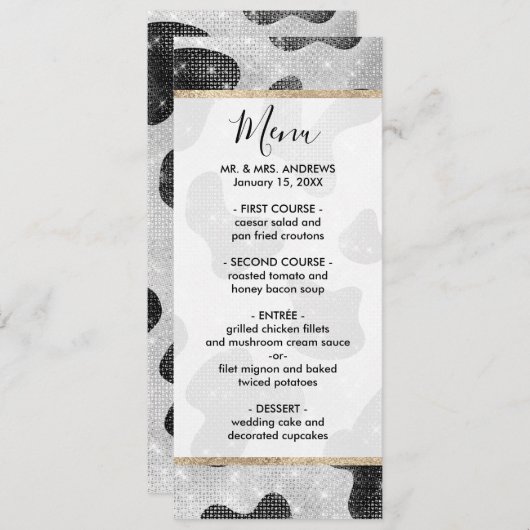 Glamour Black Funkelnd Glitzer Sequins Kuh Printin Menükarte (Vorne/Hinten)