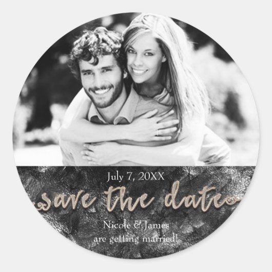 Glamour Black & Gold Chic Save the Date Foto Runder Aufkleber (Vorderseite)
