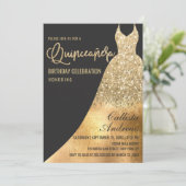 Glamour Black Gold Glitzer Dress Quinceañera Einladung (Stehend Vorderseite)