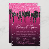 Glamour Black & Pink Dripping Glitzer Sweet 16 Dankeskarte (Vorne/Hinten)