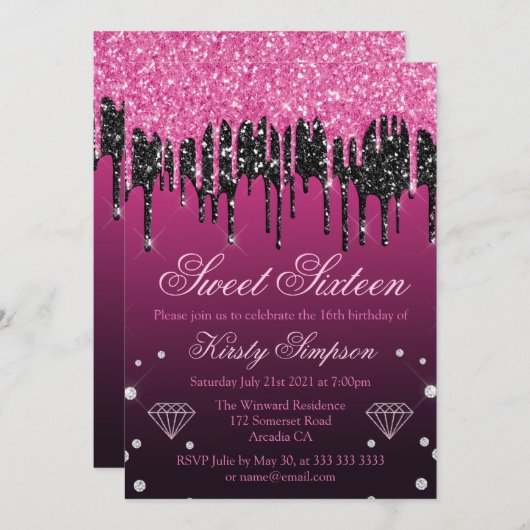 Glamour Black & Pink Dripping Glitzer Sweet 16 Einladung (Vorne/Hinten)