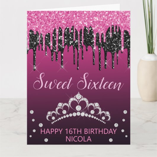 Glamour Black & Pink Dripping Glitzer Sweet 16 Karte (Vorderseite)