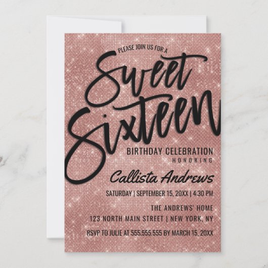 Glamour Black Rose Gold Glitzer Sequins Sweet 16 Einladung (Vorderseite)