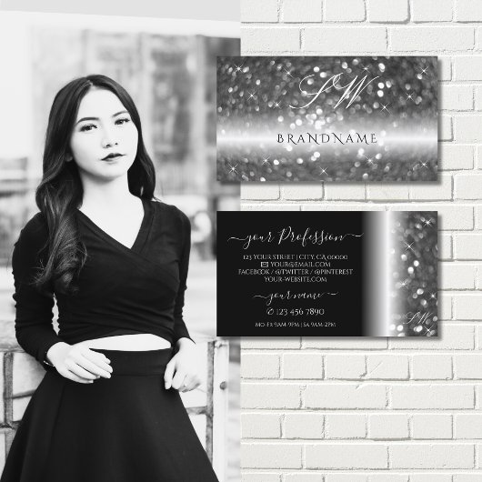 Glamour Black Silver Sparkling Glitzer Initials Visitenkarte