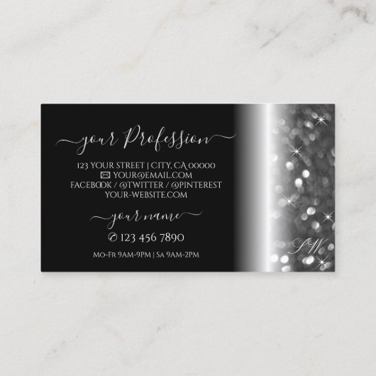 Glamour Black Silver Sparkling Glitzer Initials Visitenkarte (Rückseite)