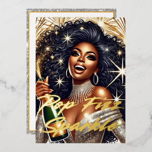Glamour Black Woman Popping Champagne NYE Party Folieneinladung