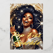 Glamour Black Woman Popping Champagne NYE Party Folieneinladung (Vorderseite)