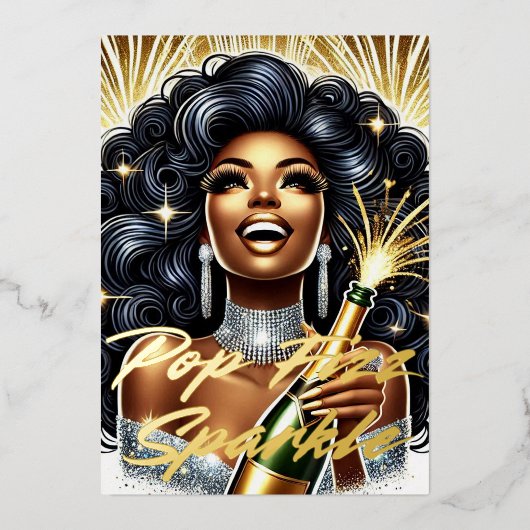 Glamour Black Woman Popping Champagne NYE Party Folieneinladung (Vorderseite)