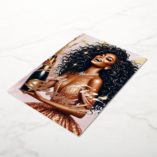 Glamour Black Woman Popping Champagne NYE Party Folieneinladung (Gedreht)