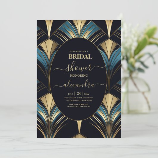 Glamour Blue and Gold Art Deco Bridal Einladung (Stehend Vorderseite)