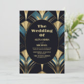 Glamour Blue and Gold Art Deco Hochzeit Einladung (Stehend Vorderseite)