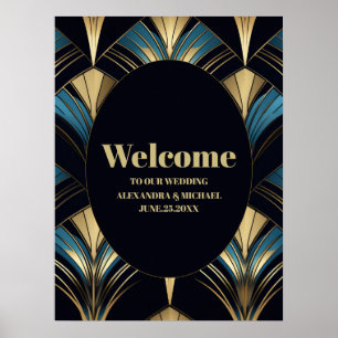 Glamour Blue and Gold Art Deco Hochzeit Poster