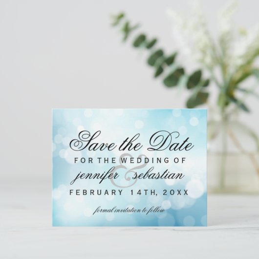 Glamour Blue Bokeh Light Wedding Postkarte (Stehend Vorderseite)