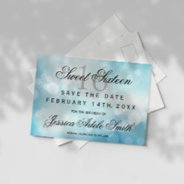 Glamour Blue Glitzer Sweet 16 Save the Date Postkarte