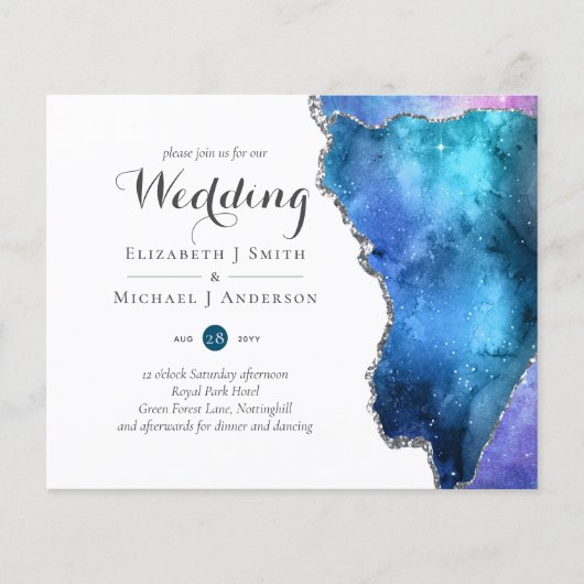 Glamour Blue Gold Agate Wedding Einladung CHEAP (Vorderseite)