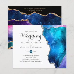 Glamour Blue Gold Agate Wedding Einladung CHEAP