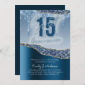 Glamour Blue Silver Foil Glitzer Quinceanera 15. Einladung (Vorne/Hinten)