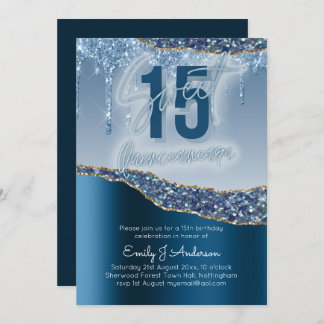 Glamour Blue Silver Foil Glitzer Quinceanera 15. Einladung