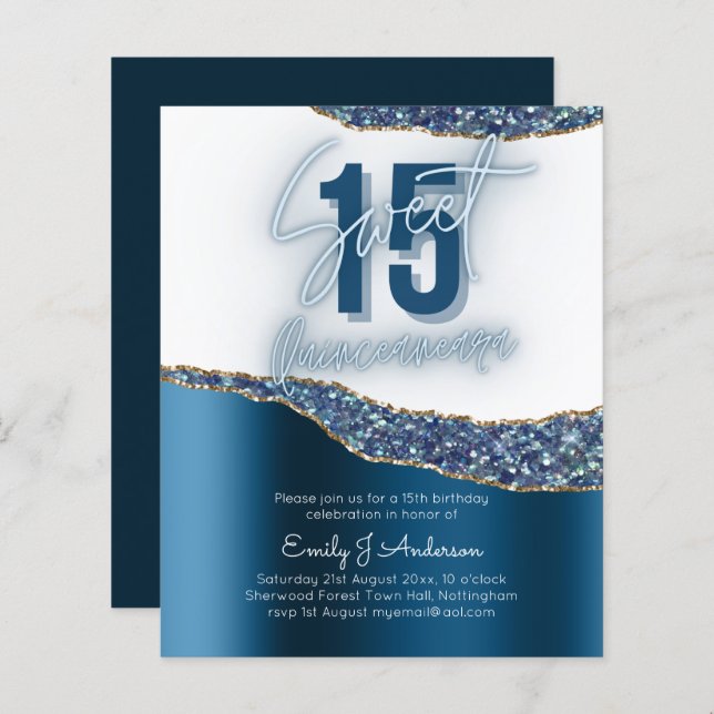 Glamour Blue Silver Foil Glitzer Quinceanera 15. P (Vorne/Hinten)