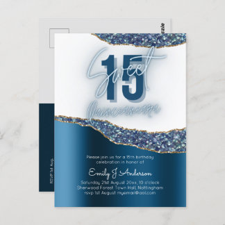 Glamour Blue Silver Foil Glitzer Quinceanera 15. Postkarte