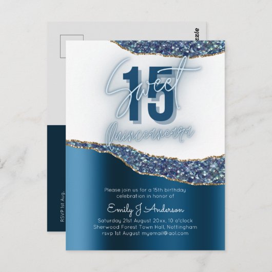 Glamour Blue Silver Foil Glitzer Quinceanera 15. Postkarte (Vorne/Hinten)