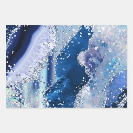 Glamour Blue & Silver Imitats Glitzer Agate Geschenkpapier Set (Vorderseite 3)