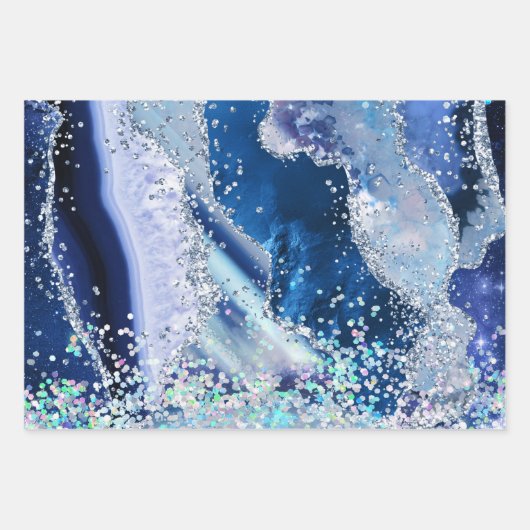 Glamour Blue & Silver Imitats Glitzer Agate Geschenkpapier Set (Vorderseite 2)