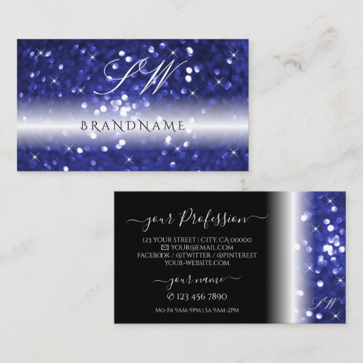 Glamour Blue Sparkling Glitzer Stars Monogram Visitenkarte (Vorne/Hinten)