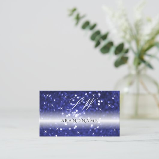 Glamour Blue Sparkling Glitzer Stars Monogram Visitenkarte (Stehend Vorderseite)