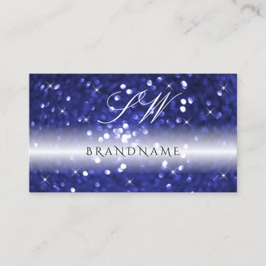 Glamour Blue Sparkling Glitzer Stars Monogram Visitenkarte (Vorderseite)