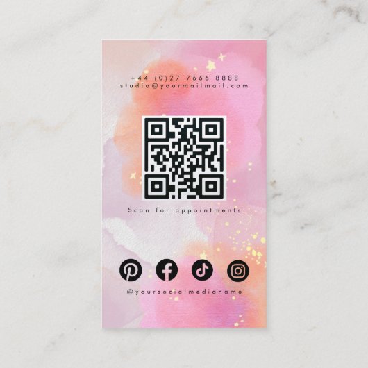 Glamour Blush Pink Wasserfarbe Funkelnd Makeup QR Visitenkarte (Rückseite)