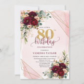 Glamour Boho Burgundy Gold Rose 80. Geburtstag Einladung (Vorderseite)