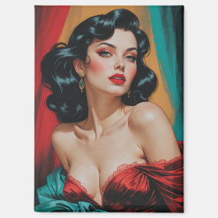 Glamour Brünettes Button-Up Portrait Rotes Kleid Magnet