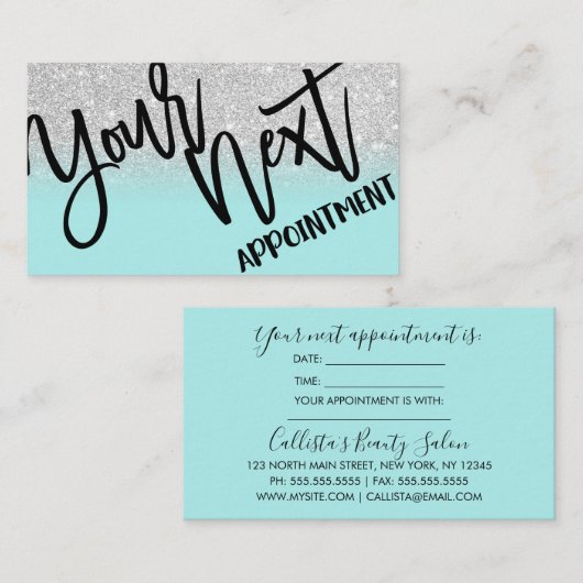 Glamour Chic Mint Silver Glitzer Moderner Terminkarte (Vorne/Hinten)
