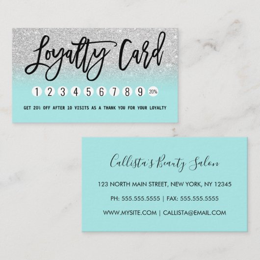 Glamour Chic Mint Silver Glitzer Moderner Treuekarte (Vorne/Hinten)