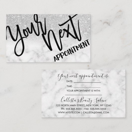 Glamour Chic Modern Silver Glitzer Marmor Terminkarte (Vorne/Hinten)