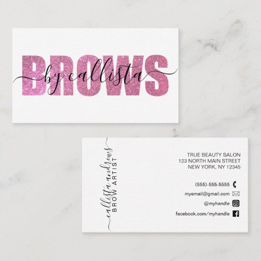 Glamour Chic Pink Glitzer Typografy Brow Artist Visitenkarte (Vorne/Hinten)