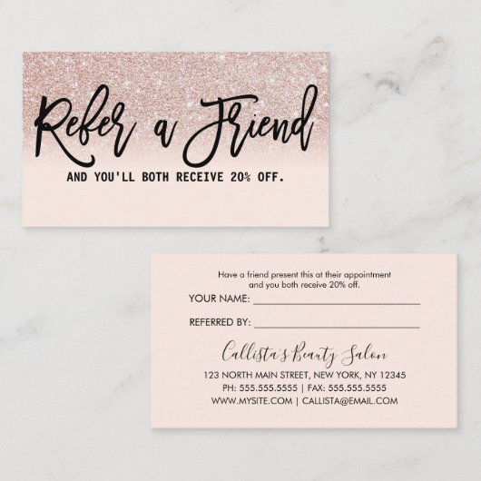 Glamour Chic Rose Gold Glitzer Pink Moderne Empfehlungskarte (Vorne/Hinten)