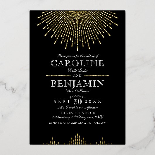 Glamour Deko Black Vintage Hochzeit Folieneinladung (Vorderseite)