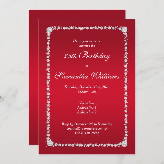 Glamour Diamond Frame & Ruby Red zum Geburtstag Einladung (Vorne/Hinten)