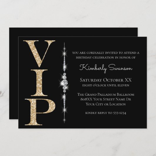 Glamour Diamonds on Black Gold Glitzer VIP Party Einladung (Vorne/Hinten)