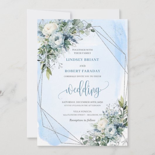 Glamour Dusty Blue White Silver Peonies Wedding Einladung (Vorderseite)