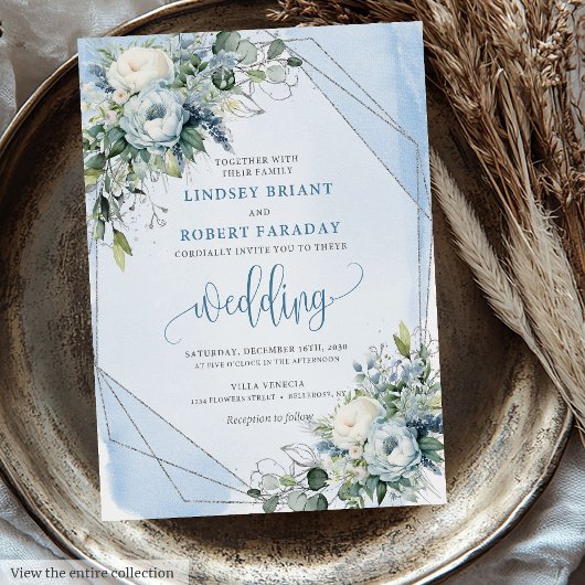Glamour Dusty Blue White Silver Peonies Wedding Einladung