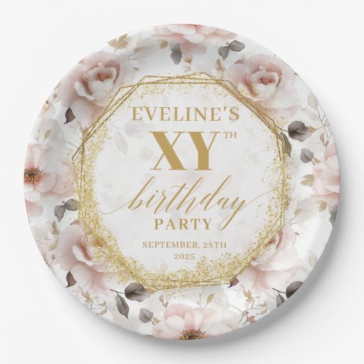 Glamour Dusty Pink Blumengeburt Papier Teller (Vorderseite)