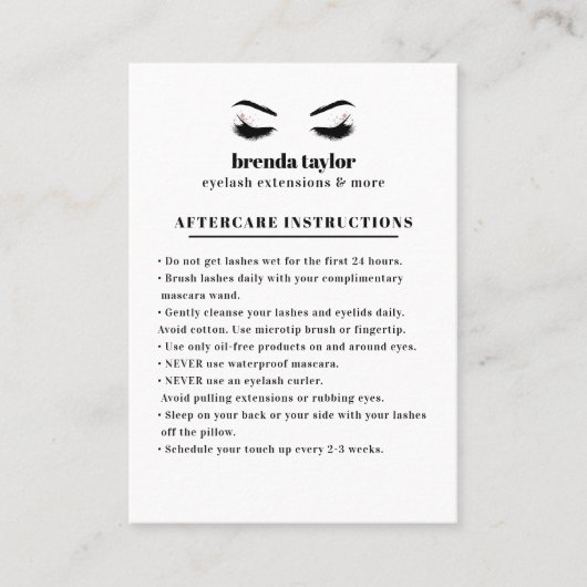 Glamour Eyelash Browbar Aftercare Instructions Visitenkarte (Vorderseite)