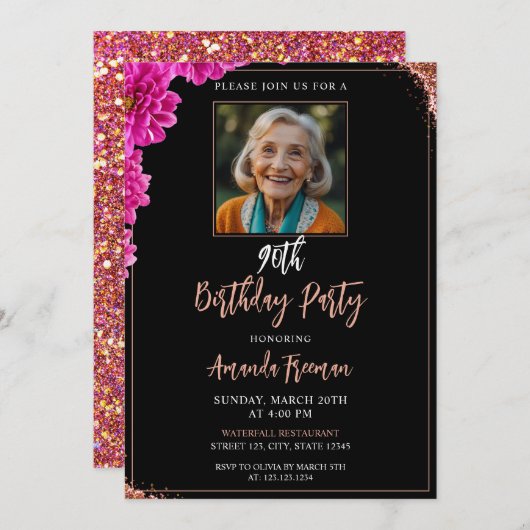 Glamour Floral Glitzer 90. Geburtstag Einladung (Vorne/Hinten)