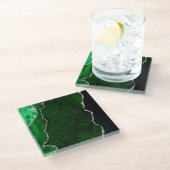 Glamour Forest Green Marmor Chic Silver Glitzer Glasuntersetzer (Schrägansicht)